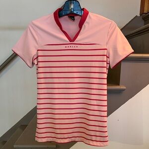 Oakley Women's Pink and Red Striped Short Sleeve Polo